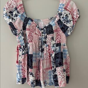 No Boundaries Pink and Blue Smocked Tie Front Blouse